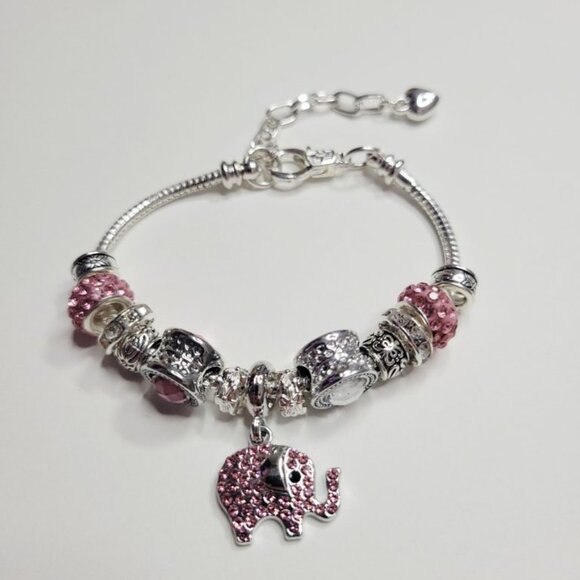 NWT Pandora Style Charm Bracelet Sparkling Pink Elephant Glittering Rhinestones - Picture 3 of 7